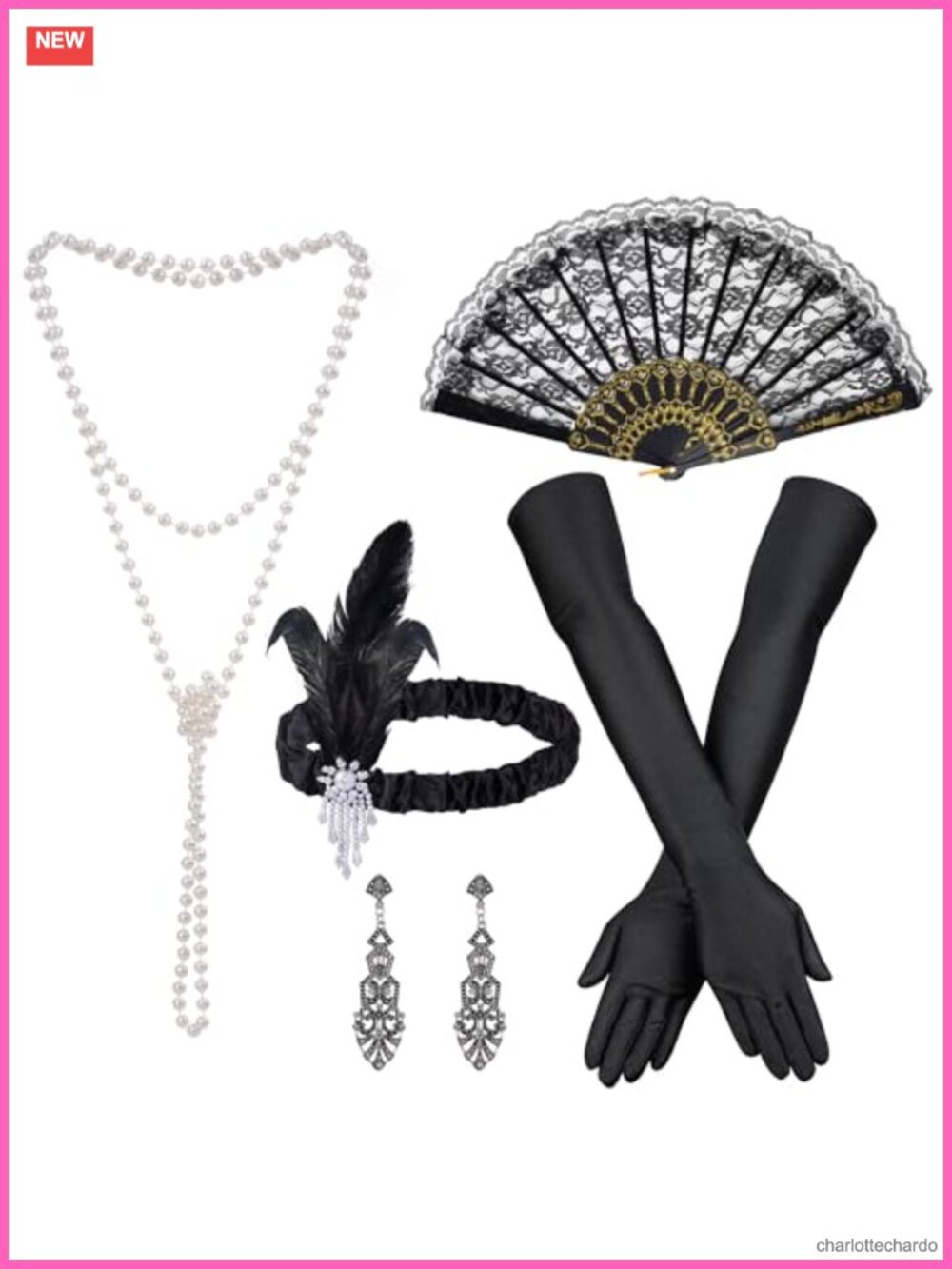 1920s Flapper Accessories Set Feather Headband Pearl Necklace Gloves Fan